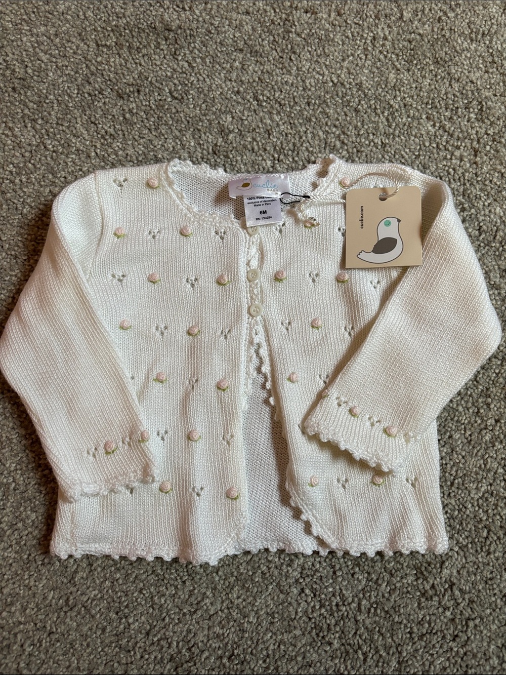 Cuclie Cream Knit Baby Cardigan with Pink Rosebuds